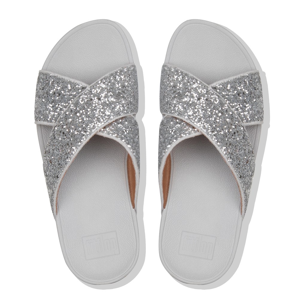 Fitflop Womens Slides Silver - Lulu Glitter Cross - QL0861572